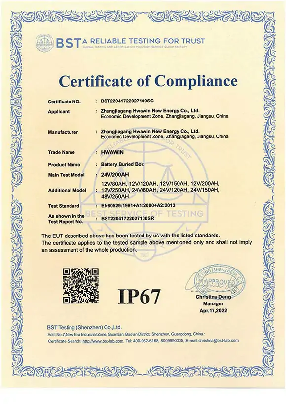 IP67 Certificate of Battery Box